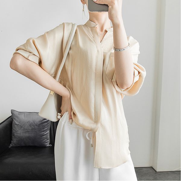 

new arrival fashion spring blouse women ol casual oversized street acetate stand-up collar bat sleeve bf satin wild loose shirt ro38, White