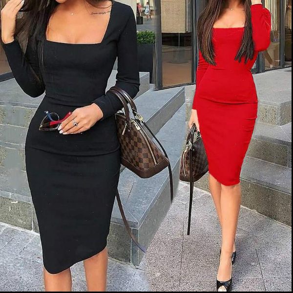 

women elegant party dress long sleeve solid bodycon mid dress new spring autumn casual club dresses vestidos black red, Black;gray