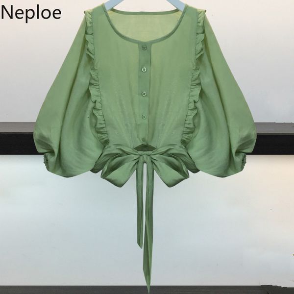 

neploe chiffon sweet girl blouse women new o-neck single breasted lantern sleeve blusa korean drawstring ladies 44024 sh190803, White