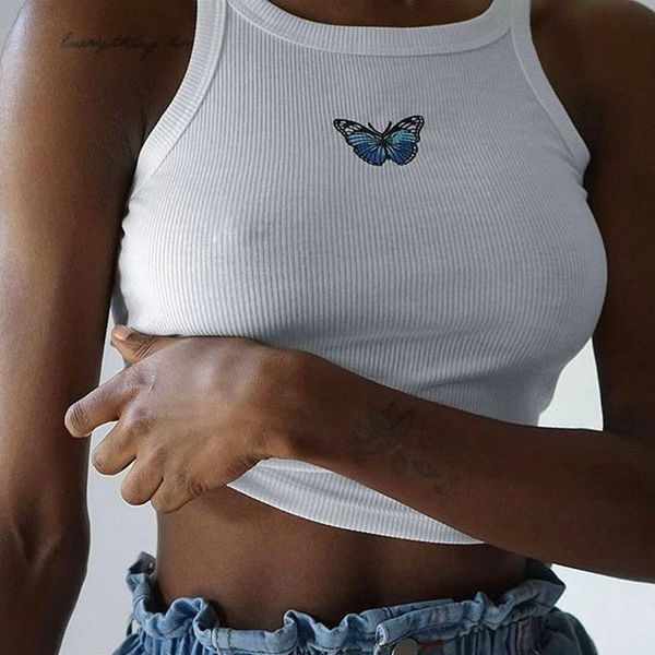 

women's tanks & camis camisole vest blue printed embroidery butterfly cropped summer slim cotton tank navel wdc4255, White