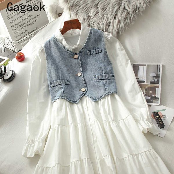 

2 piece set women spring autumn sweet korean chic fashion wild outfits solid mini dresses + short denim vests 210531, White