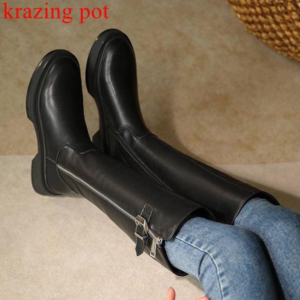 

boots krazing pot full grain leather equestrian beige low heels round toe brand warm winter metal buckle zipper knee-high, Black
