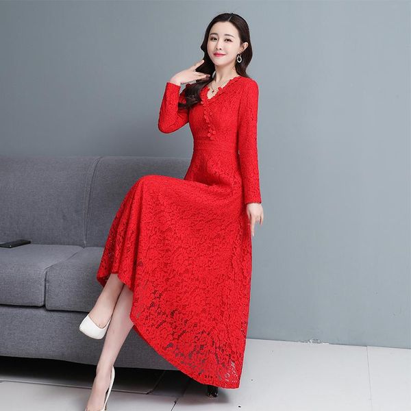 

casual dresses long dress women autumn 2022 brief office lady french style fashion full sleeve solid lace v-neck red black, Black;gray