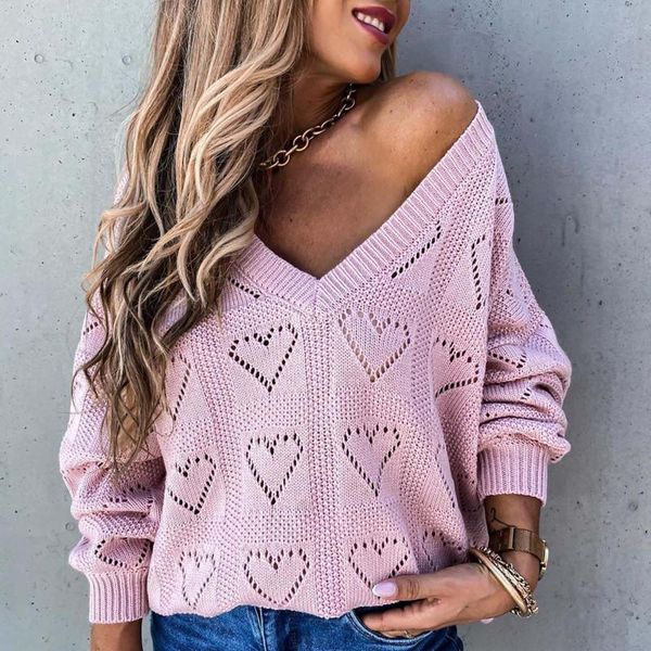 

women's sweaters fashion heart hollow out boho knitting tunic jumper mujer loose sweater solid color v-neck knitted pullovers, White;black