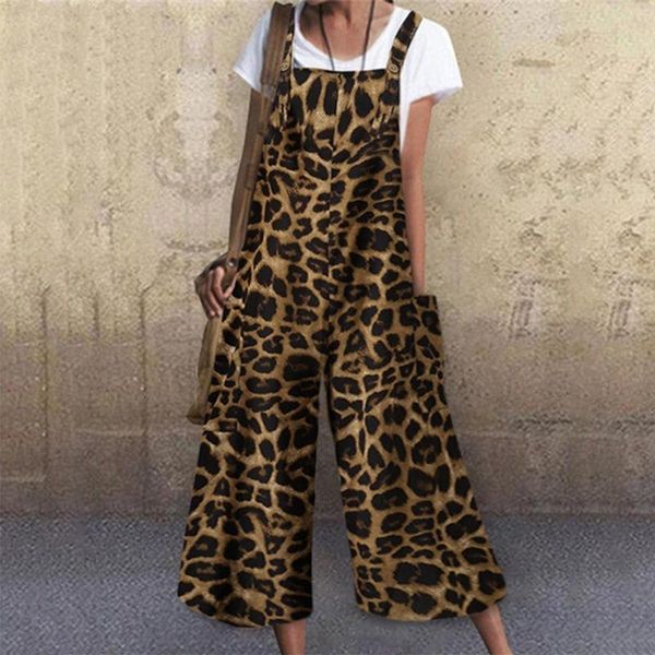 

shujin vintage long jumpsuits women sleeveless straps overalls summer wide leg trousers leopard looses romper casual playsuits, Black;white