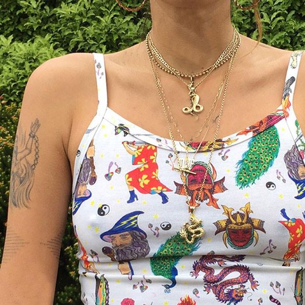 

women summer crop tank harajuku women sling vintage camisole front strap print fashion shirt summer top, White