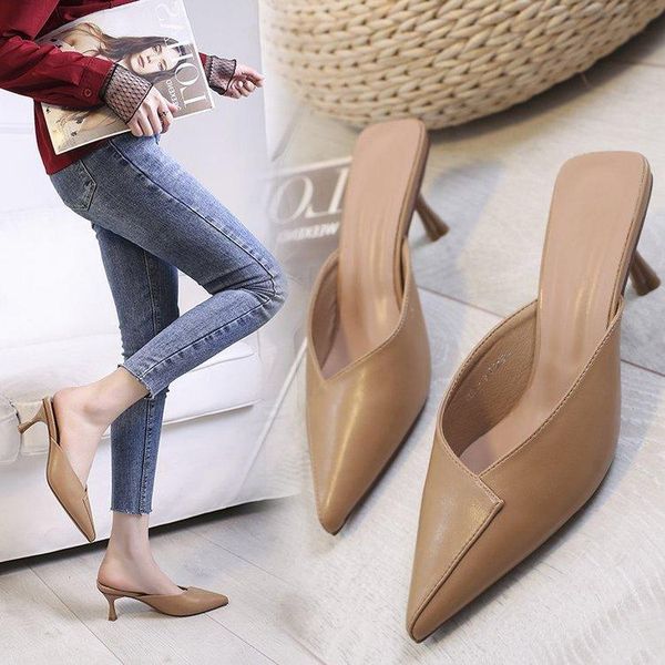 

women's 2021 all-match thin middle heel pointed slippers sandals women, Black