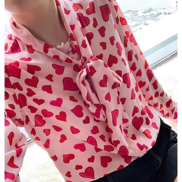 

women's blouses & shirts version silk long sleeve heart printed shirt - 2021 spring summer elfbop love print blouse, White