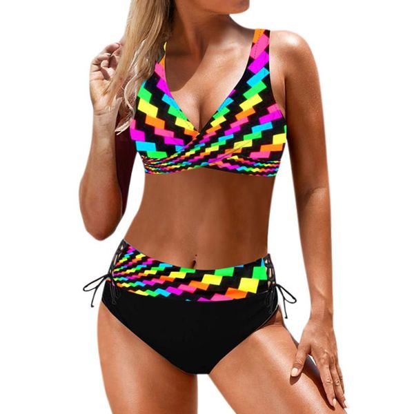

women's tracksuits fashionable women two pieces high waist rainbow striped colorful bikini set for beach swimming-wt, Gray