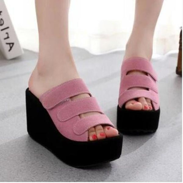 

2021 summer new sandals and slippers ladies casual flip flops wedge sandals thick bottom wedge heel solid color slippers, Black