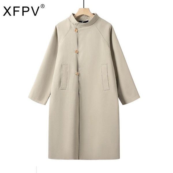 

women's trench coats xfpv 2021 autumn winter arrivals fashion y2k long sleeve loose windbreaker medium thin temperament coat sm676, Tan;black