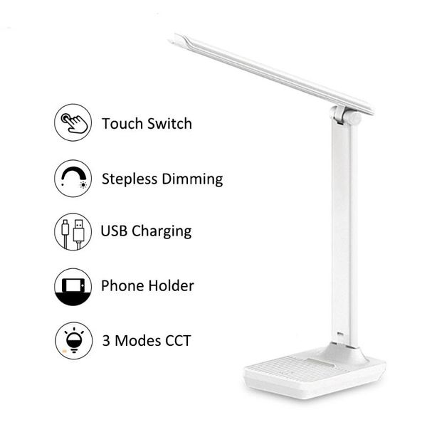 

led desk lamp rechargeable 1200mah 3 lights color dimmable brightness phone holder base leather table lamp table lantern