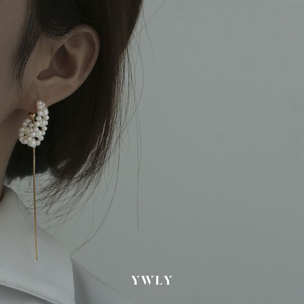

weaving double layer natural pearl ear thread korean version net red temperament fairy long tassel earrings ywly, Silver