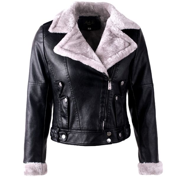 

women warm leather jacket plush faux shearing moto thick lined parka ladies short winter coat slim pu locomotive black s 5