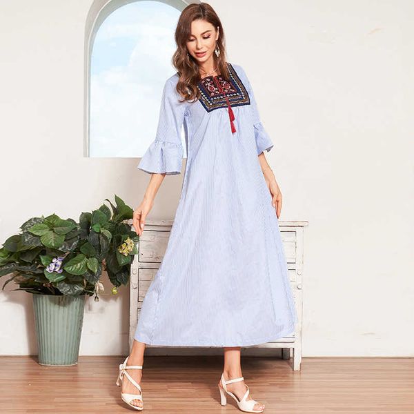 

casual dresses 2021 summer women blue striped vintage tassel lace floral embroidered o-neck 3/4 ruffle sleeve robes midi es 30md, Black;gray