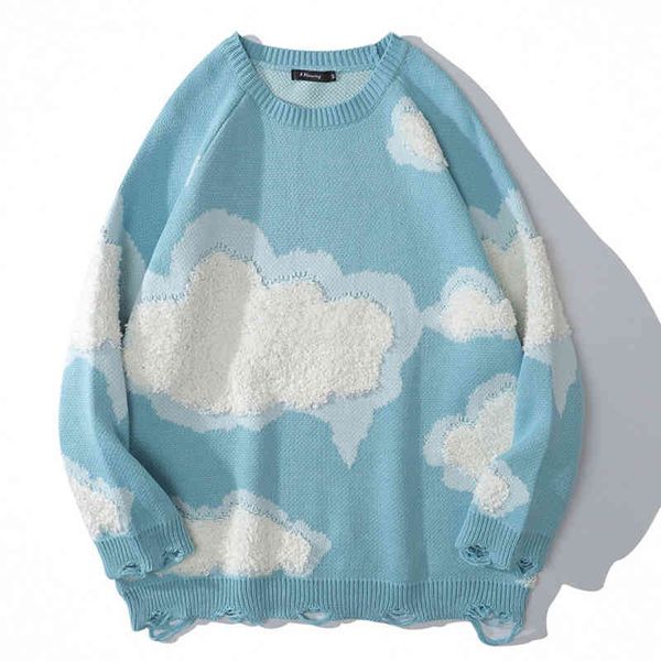 

men's sweaters suÃ©ter de malha japonesa hip hop, masculino, com buracos, nuvem, pulÃ´ver jacquard, harajuku, suÃ©ter casal, outono invern, White;black