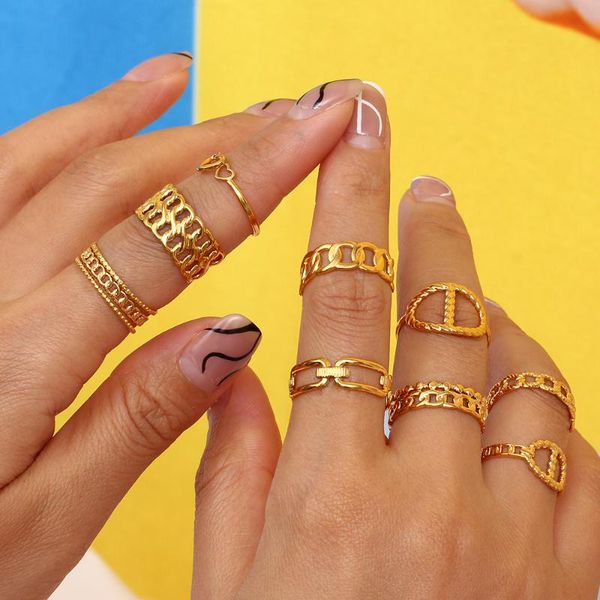 

cluster rings 2021 adjustable resizable water resistant stainless steel ring ladies fashion elegant cuban chain heart pig nose gold, Golden;silver