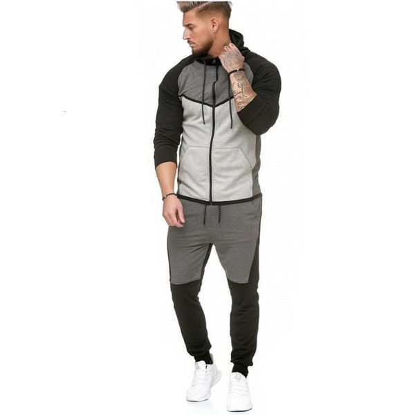 

mens tracksuit fashion fleece tracksuit sports suits men patchwork casual clothing sets two piece casual style, Gray