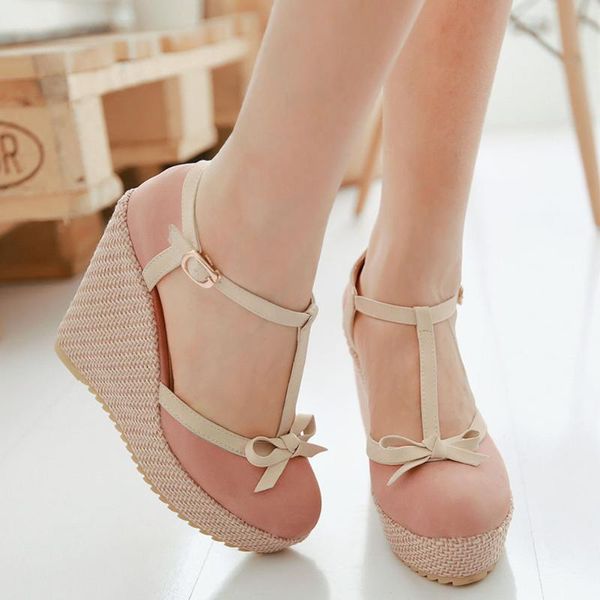 

sandals 2021 t-strap sweet lolita style platform wedges high heels lady lovely woman shoes big size 43, Black