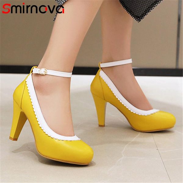 

dress shoes smirnova 2021 big size 33-48 women pumps round toe pu ankle buckle spring summer party high heels platform woman, Black
