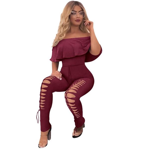 

women's jumpsuits & rompers 2021 spring jumpsuit off-the-shoulder ruffled hollow burnout skinny, Black;white
