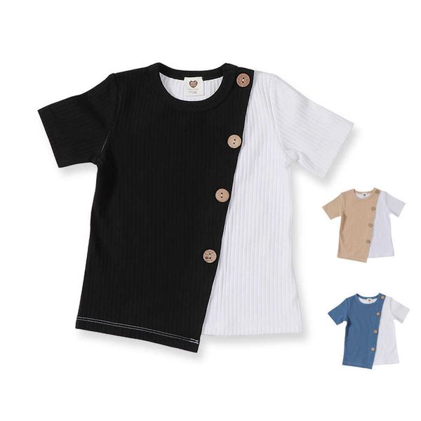 

kids clothes fashion contrast tee toddler cotton baby boy girls short sleeves ribbed t-shirt children summer clothes y0914, Blue