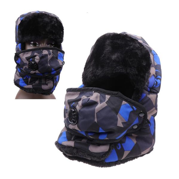 

outdoor hats 3 in 1 camouflage trapper hat winter ski with ear flaps and windproof mask warm thicken huntin, Black;white