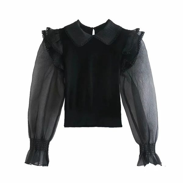 

women 2021 new organza patchwork black knit sweater woman ruffle see through long sleeve cropped sweaters pullovers 8i2b s62b, White;black