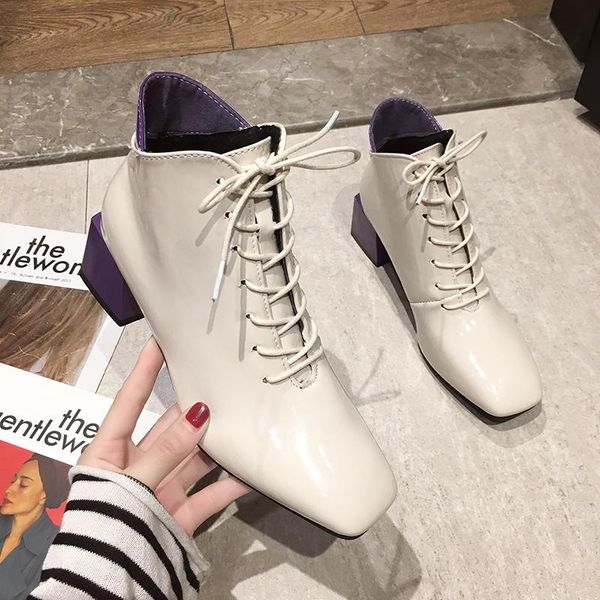 

boots nice patent leather high heels ankle autumn square heel short botas women toe mix color lace up shoes woman, Black