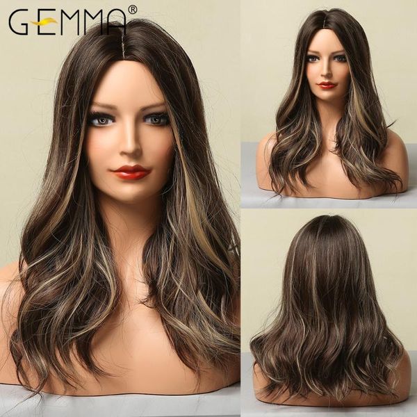 

synthetic wigs gemma medium long wavy dark brown highlight blonde bob for black women natural cosplay heat resistant hair