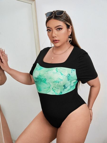 

plus graphic print scoop neck bodysuit 25jg#, Black