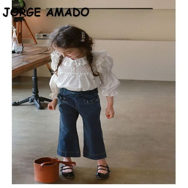 

2021 new korean style spring teenagers girls jeans boot cut elastic waist denm pants kids clothes e674, Blue
