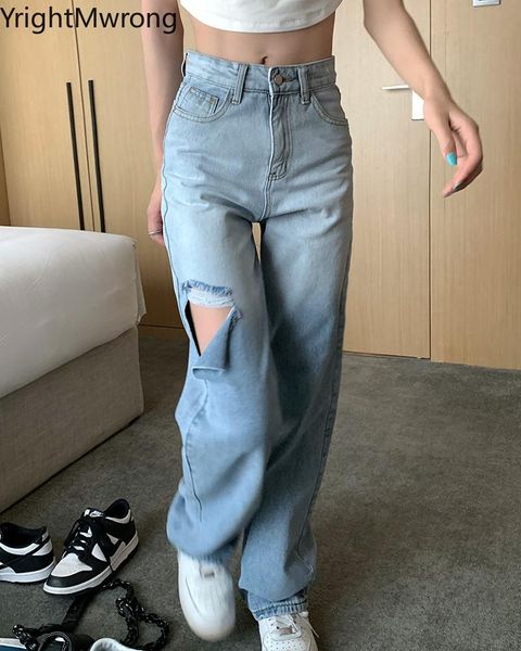 

women's jeans high waist straight leg baggy harajuku gradient blue black ripped hole denim pant long trouser boyfriend women streetwear