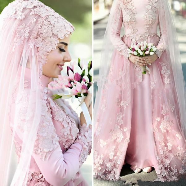 Perlenrosa muslimische Brautkleider Brautkleider 2021 A-Linie Stehkragen mit langen Ärmeln 3D-Blumenspitze Dubai Arabisch ohne Hijab Brautkleid