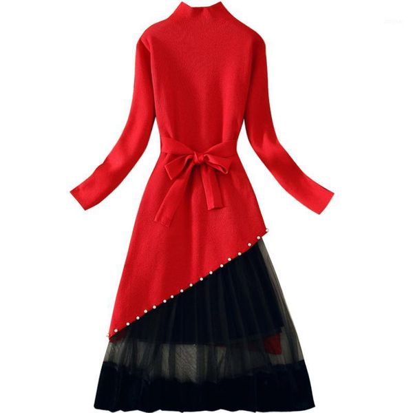 

two piece dress fashion suit women 2021 autumn winter irregular beaded sweater + mesh large swing skirt 2 set ladies, White