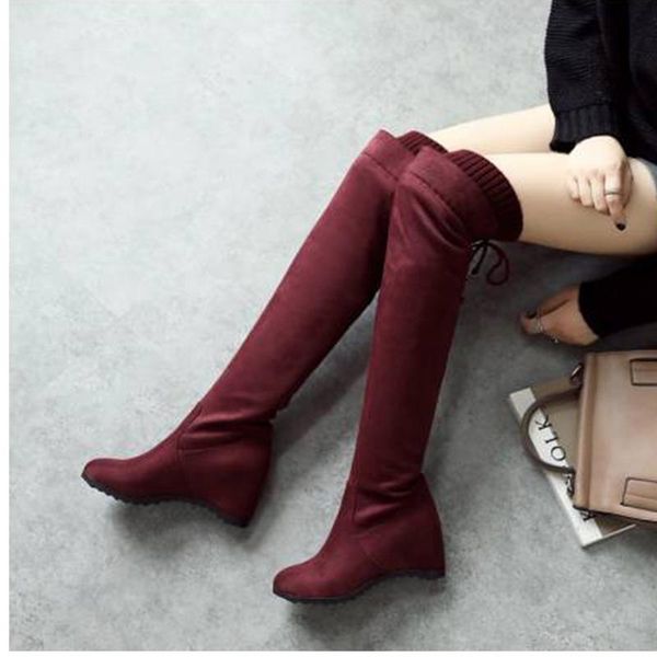 

boots 2021 women over the knee female sock stretch fabric women's winter high lace up shoes footwear big size, Black