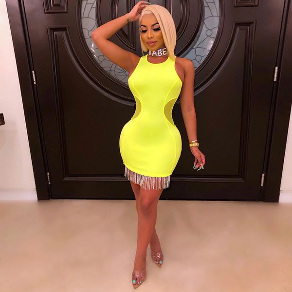 

mesh tassel bright yellow orange dress o neck sleeveless ladies skinny summer mini dresses dance party clubwear fashion 9cq9, White;black