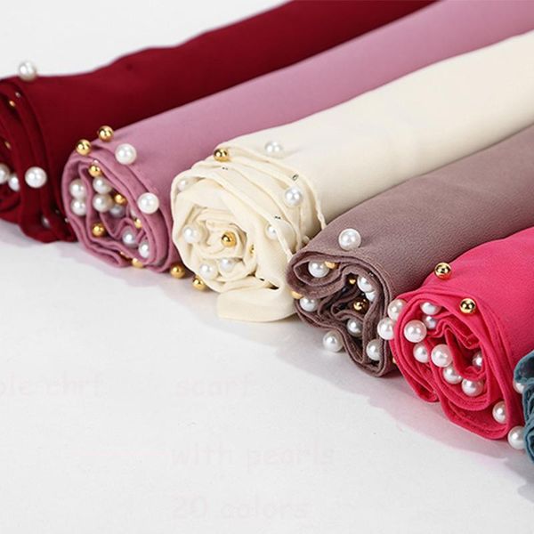 

scarves 1pc golded beaded pearl scarf big solider color quality bubble chiffon plain shawls hijab muslim 20 180*75cm, Blue;gray
