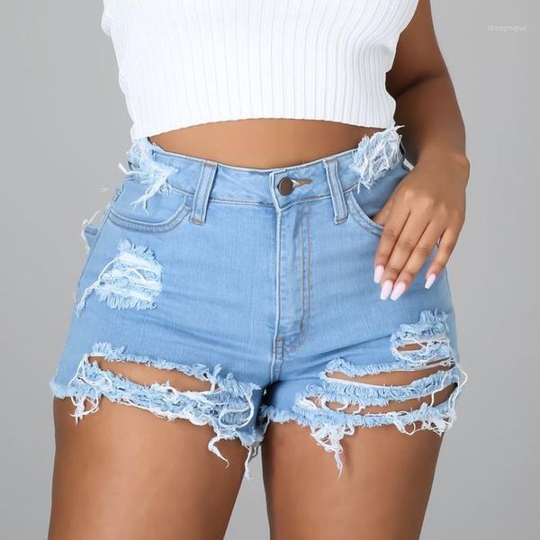 

women's jeans frayed hole elastic denim shorts ruined casual sexy, Blue