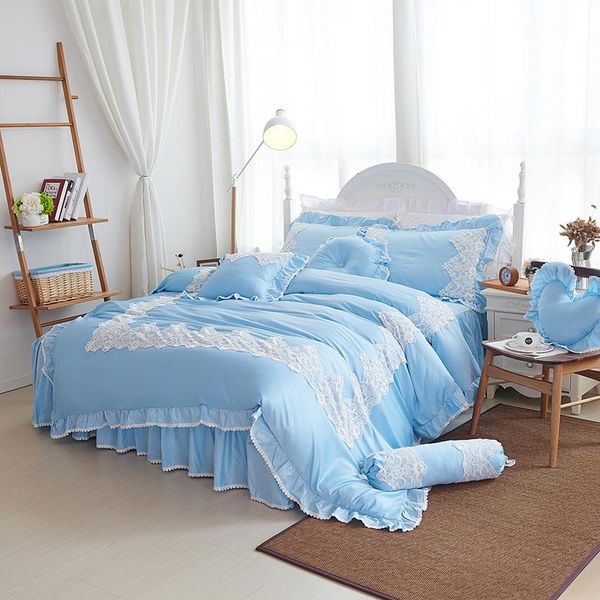 

2021 new luxury silk bedding set cotton duvet cover bed set pillowcase 4pcs  king size bed skirt blue lace bedclothes