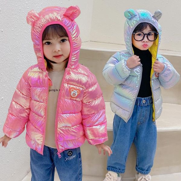 

down coat shiny colorful children's cotton jacket hooded cute cartoon bear winter for 0-5 years boys and girls warm light, Blue;gray