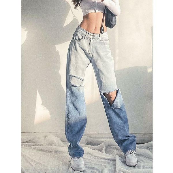 

women's pants & capris women loose style jeans, blue gradient color high waist straight-leg trousers, xs-xxl, Black;white