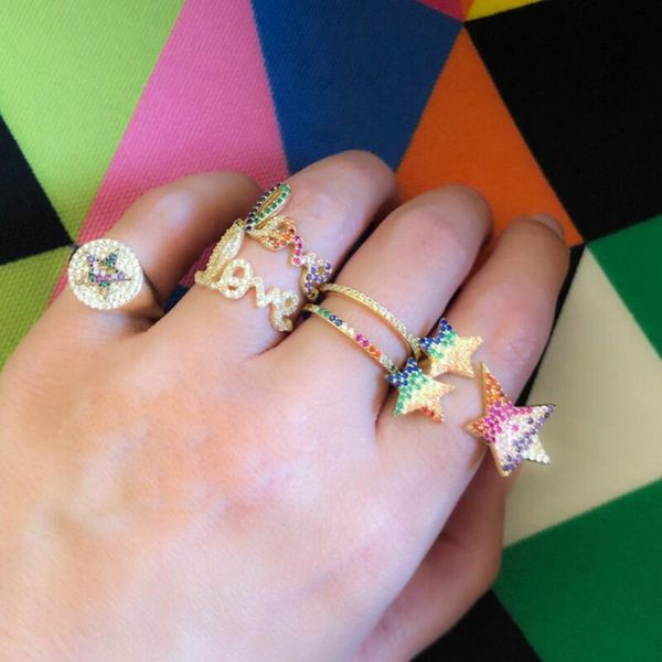 

wedding rings selling fashion rainbow jewelry sparking bling colorful cz paved open adjusted star ring for women, Slivery;golden
