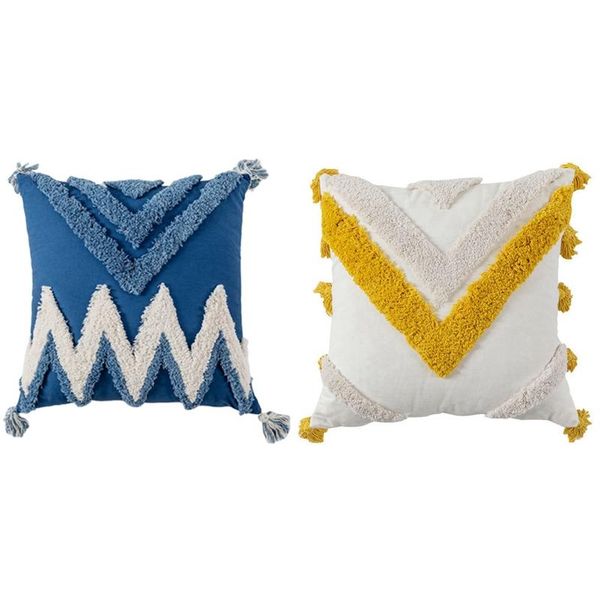 

pillow case 2x throw covers boho modern tribal decoration blue tufted fringe tassel couch cushion square yellow &