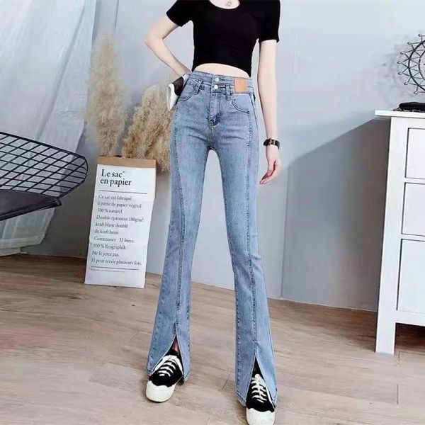 

women's jeans spring autumn high waist bell bottom trousers women slim flare streetwear denim pants light blue loose vintage fashion
