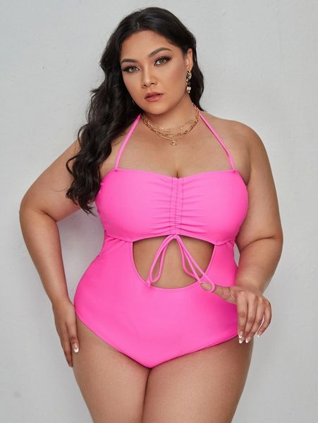 

plus plain cut-out drawstring one piece swimsuit 34ki#, Black
