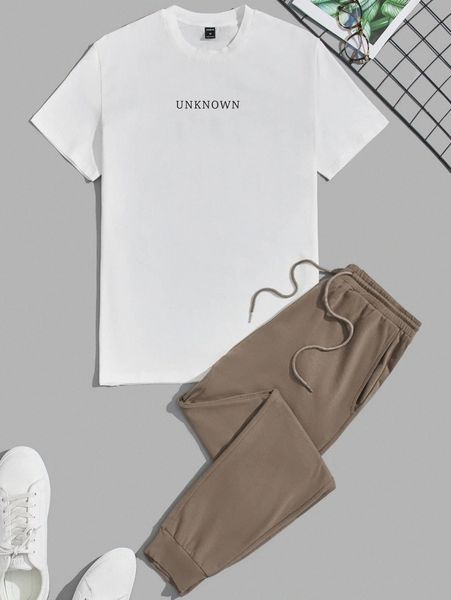 

men letter graphic & joggers set h3sd#, Gray
