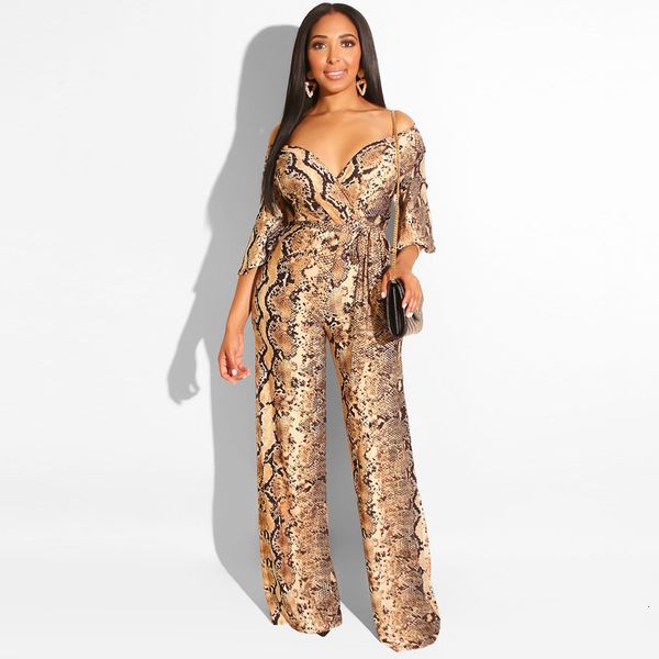 

2021 summer jumpsuit snake printed v neck half sleeves wide leg fashion overall printing female new playsuits drop shipping f4cn, Black;white