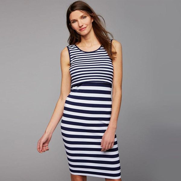 

new summer maternity dress o-neck sleeveless striped breastfeeding dress for pregnant women nursing breastfeeding clothes, White