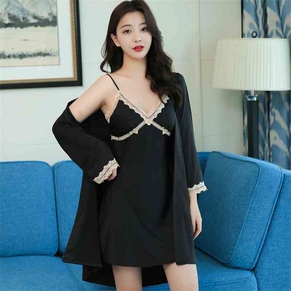 

pyjamas 2pcs robe set female lace loose sleepwear v-neck sleep kimono bath gown casual spring summer bathrobe&nightgown cmr4, Black;white